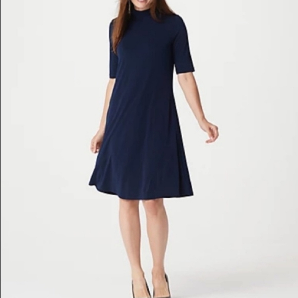 Susan Graver Liquid Knit Mock Neck Elbow Sleeve Dress With Side Pockets Size XS
